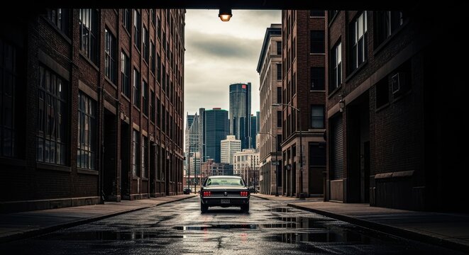 vintage car drives down narrow, wet urban alley with towering skyscrapers in background under overcast sky. cityscape and automotive theme. city life, transportation, urban exploration - Powered by Adobe