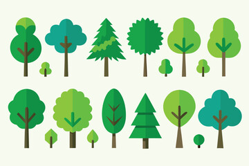 Fototapeta premium Stylized Trees Collection of Flat Design Forest Elements in Varied Green Shades