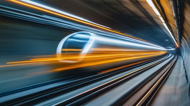 Futuristic hyperloop pod speeding through tunnel