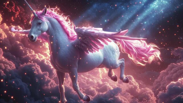 Majestic winged unicorn soaring through ethereal clouds in a vibrant starry sky at twilight