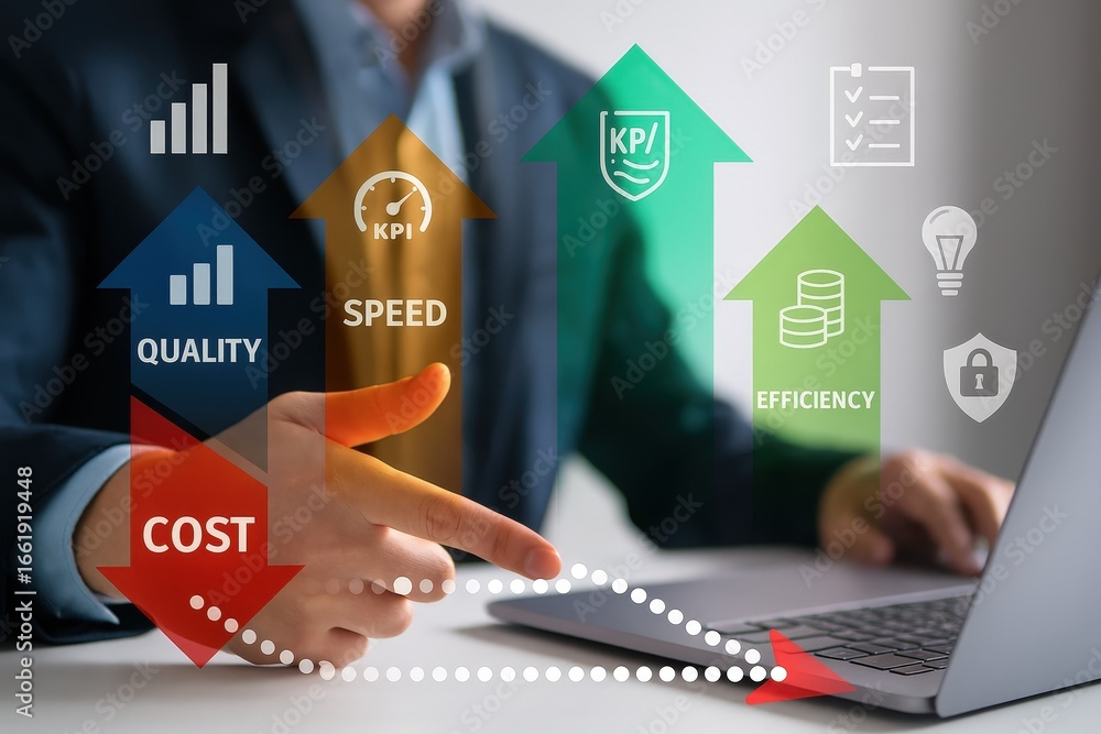 Poster a businessperson interacts with a digital interface, illustrating the inverse relationship between c