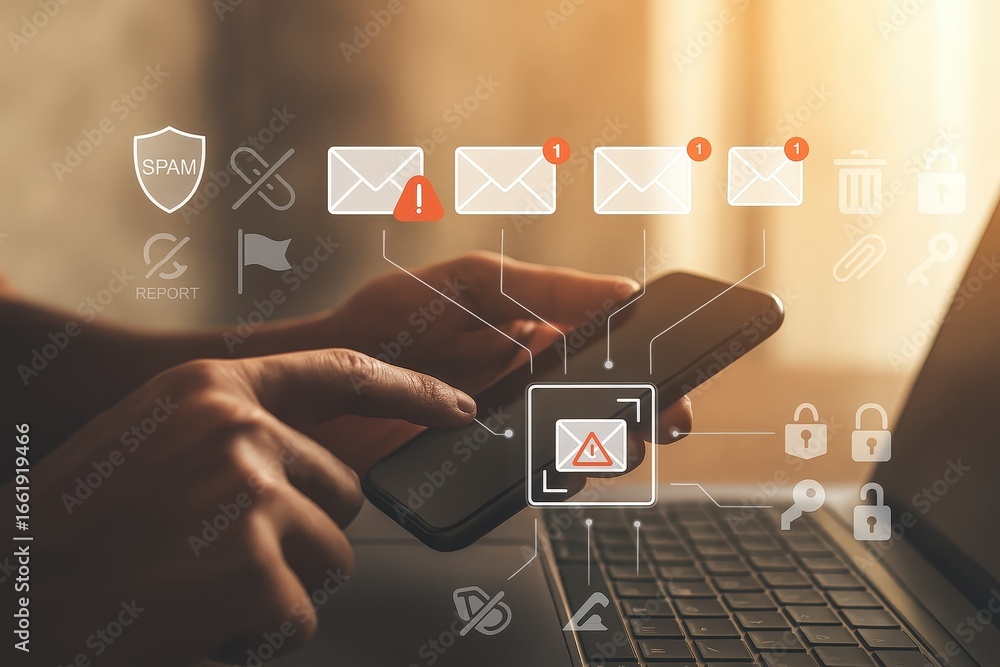Poster a person interacts with a smartphone displaying a spam email alert, highlighting online security con