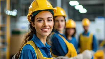 A young woman in a blue uniform and yellow hard hat standing in a factory setting with other workers in the background.