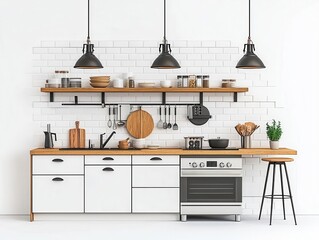 Compact midcentury modern kitchen with open shelving and linear layout