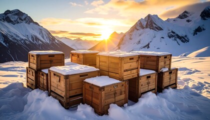 Wooden Crates Stacked in Snowy Mountain Landscape at Sunset