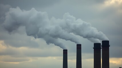 Industrial smokestacks releasing vapor into a cloudy sky, conveying an environmental message with muted tones.