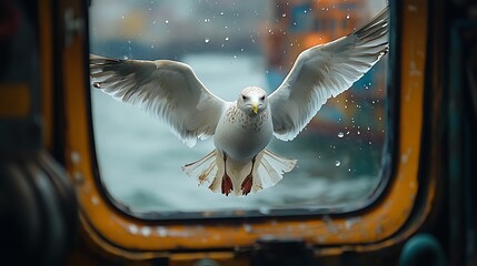 Seagull flying through porthole window