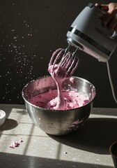 Handheld electric mixer baking appliance with beaters mixing pink batter in stainless steel bowl for dessert preparation