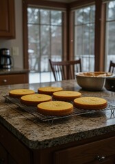 Freshly baked round sugar cookies with golden edges cooling on wire rack in cozy kitchen with large window and wooden dining table in background