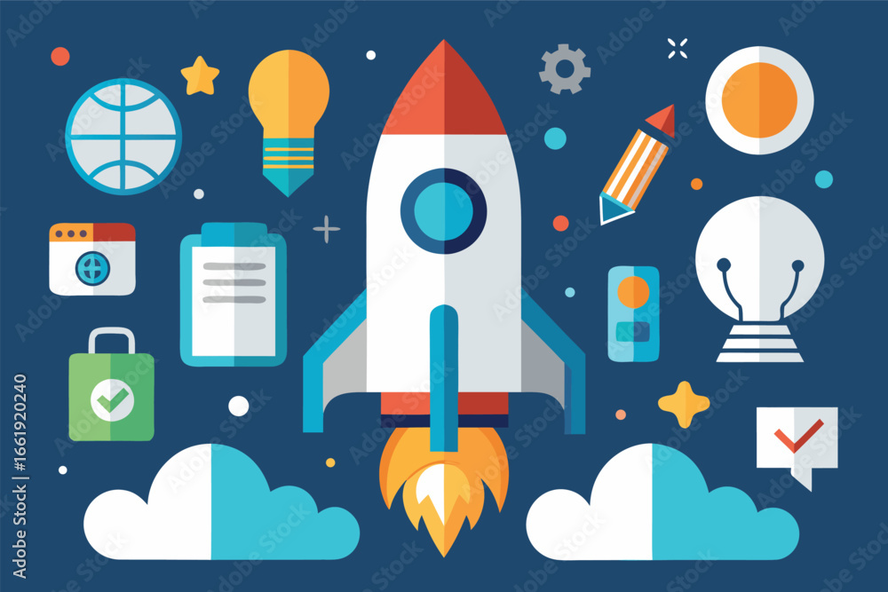 Poster a collection of flat vector icons depicting various concepts related to technology, business, and we
