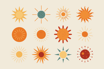 Twelve Boho Sun Icons in Varying Colors, Shapes, and Styles on Cream Background