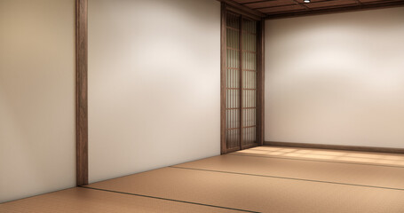 Fototapeta premium Empty Japanese Room with Tatami Flooring and Wooden Wall Design in Minimalist Zen Style.3D rendering