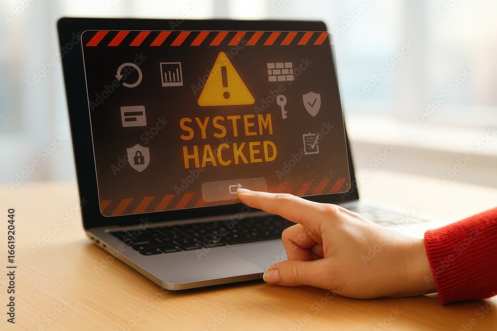 Poster a hand points to a system hacked warning displayed on a laptop screen.