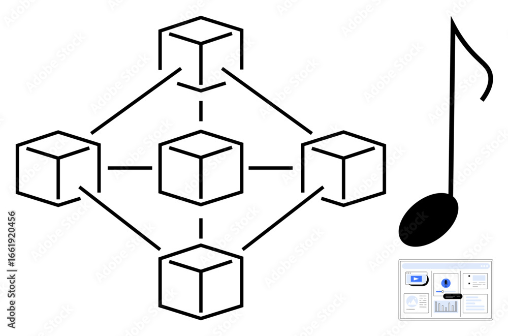 Poster interconnected blocks forming a blockchain, music note signifying creative content, and data analyti