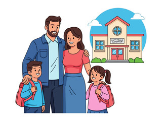 Family Day at School: A heartwarming cartoon scene depicting a family of four standing in front of school. The parents embrace their children, ready for their school day
