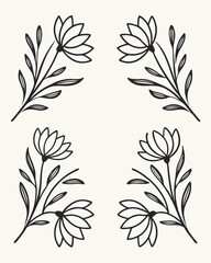 Minimalist Floral Border Design with Four Stylized Flowers and Leaves vector illustration