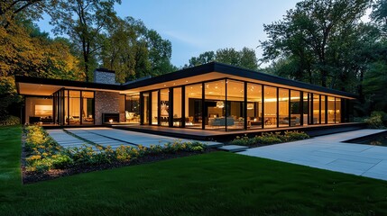 Midcentury house with floortoceiling windows and structured layout, clean functional space