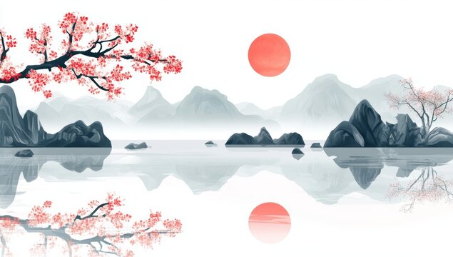 A contemporary depiction of a landscape influenced by Chinese aesthetics features serene mountains in the background and a calm lake in the front, all created using subdued colors and simple