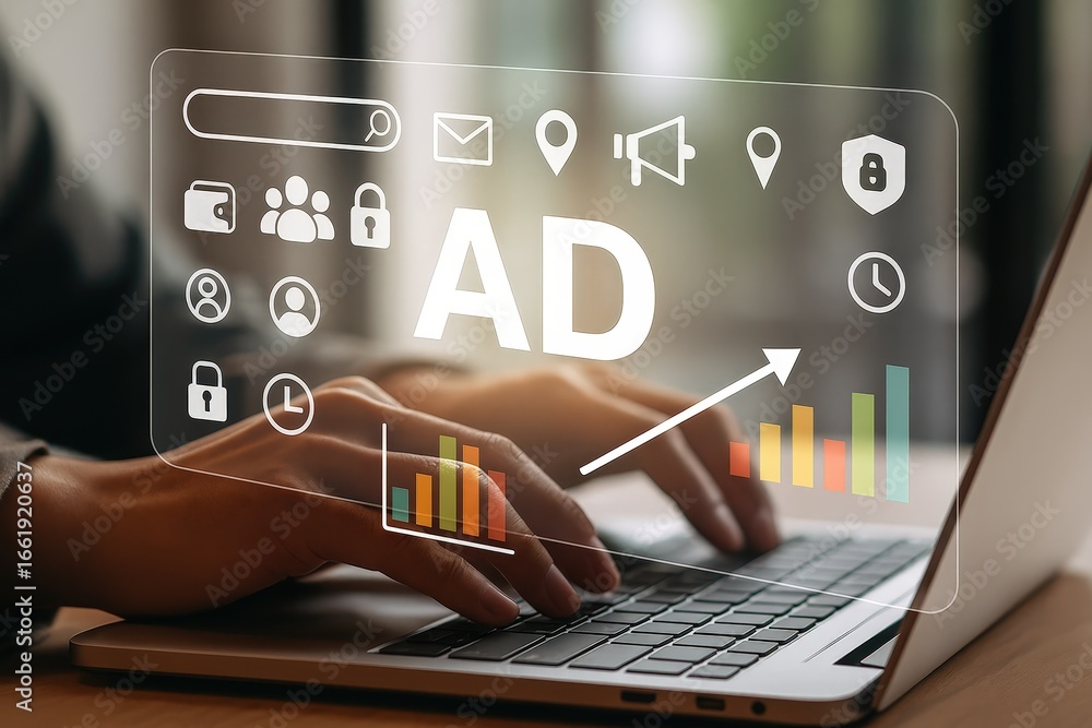 Poster hands typing on a laptop keyboard, with a transparent overlay displaying advertising metrics and ico