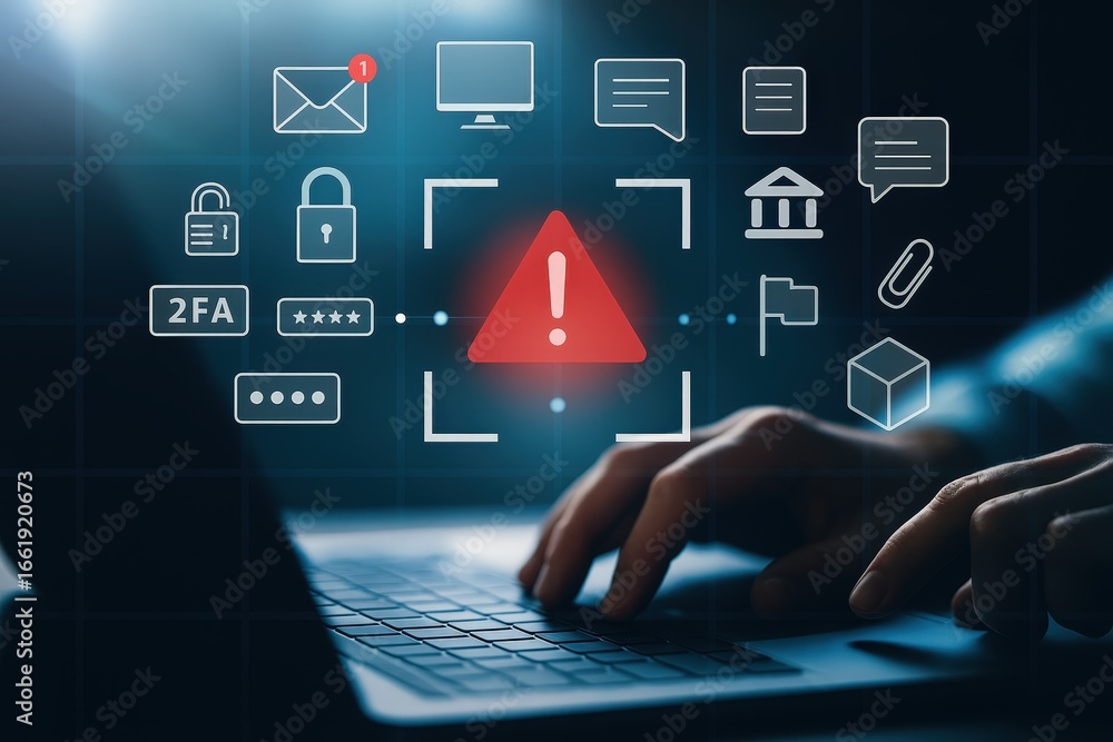 Poster hands typing on a laptop, a red alert sign displayed with security system icons in the background, e