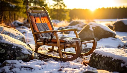Wooden Sled on Snow at Sunrise in Winter Landscape