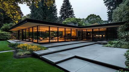 Midcentury house with floortoceiling windows and structured layout, clean functional space