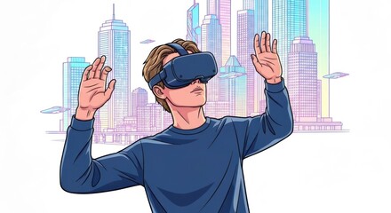 Man using VR headset in futuristic city, virtual reality concept