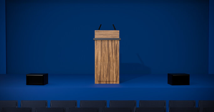 Press conference interview lectern placed in the middle with a dark blue stage in background