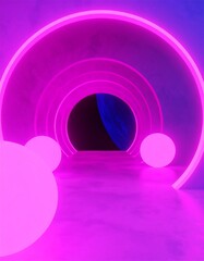 Neon tunnel with glowing circles and spheres