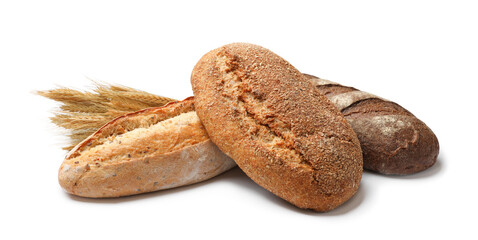 Different types of bread and wheat spikes isolated on white