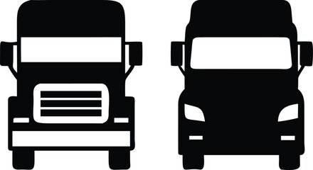 Two Stylized Black SemiTruck Icons Facing Front Isolated on a White Background