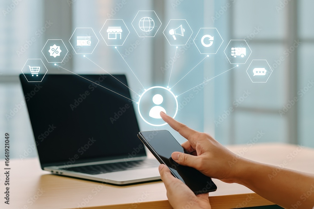 Poster a person interacts with a mobile device, highlighting digital commerce and customer engagement, with