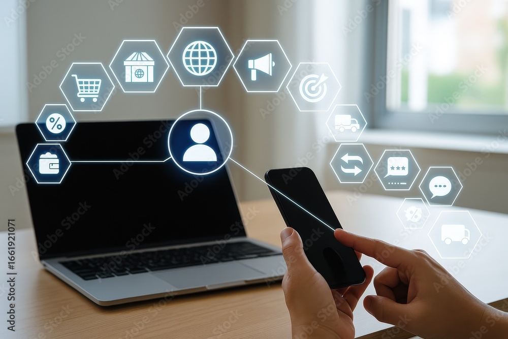 Poster hands interact with a smartphone, surrounded by various digital icons representing interconnected bu