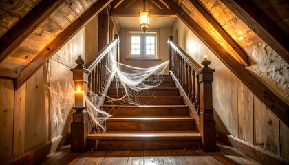 Wooden Staircase in Attic with Cobwebs and Candlelight Decor