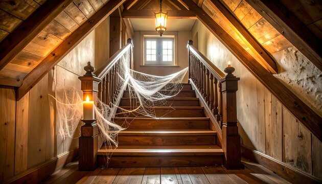 Wooden Staircase in Attic with Cobwebs and Candlelight Decor - Powered by Adobe