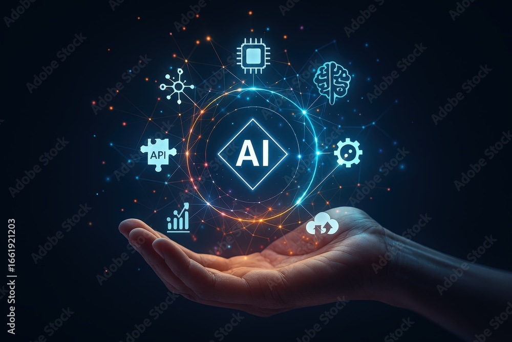 Aufkleber a hand holds a holographic representation of artificial intelligence, encompassing various related t