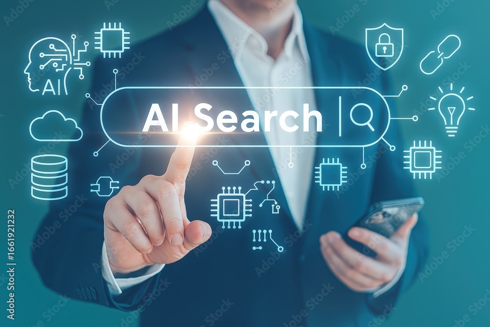 Poster a person interacts with a futuristic interface showcasing the concept of ai search.
