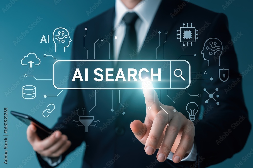 Poster a person in a suit interacts with a digital interface displaying the search term 