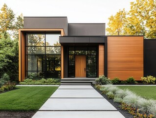 Midcentury modern home exterior with flat roof and clean geometric lines, functional architecture