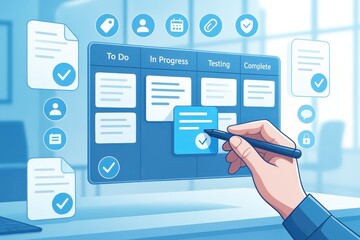 A hand using a digital pen to update a project management board, highlighting workflow stages.