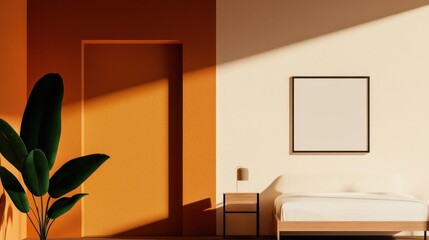 Compact studio layout with clean architectural lines and modular furniture, midcentury modern