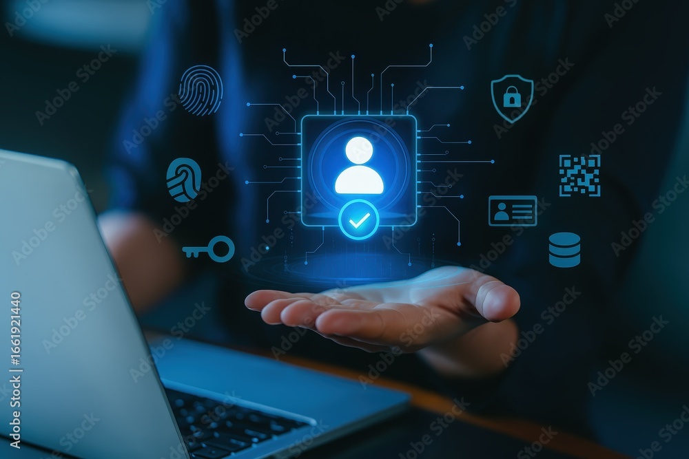 Poster a person's hand displays a digital graphic of a user account with security features, illustrating us