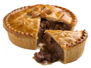 Delicious Traditional Meat Pie with Rich Gravy Cut Open Revealing Tender Beef Filling on Black Background Perfect for Food Photography and Culinary Presentations