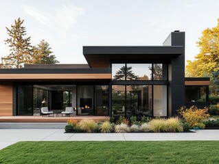 Midcentury modern home exterior with flat roof and clean geometric lines, functional architecture