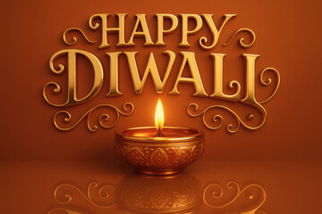 Decorative diya lamp during diwali festive celebration in india | Happy Diwali 3d shiny letters | Diwali greeting in 3d illustration