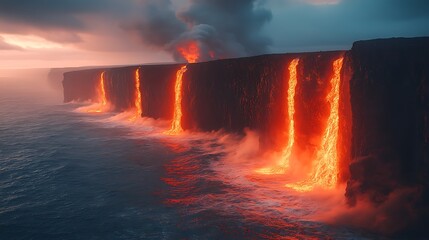 Lava falls into ocean