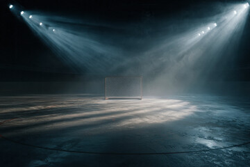 Hockey net under bright stadium lights, creating dramatic atmosphere on ice surface; ready for action.