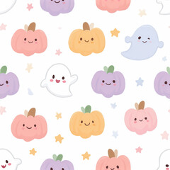 Fototapeta premium Spooky halloween seamless pattern with ghosts pumpkins skulls and bats pastel colors whimsical style