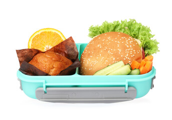 Open lunch box with tasty food isolated on white