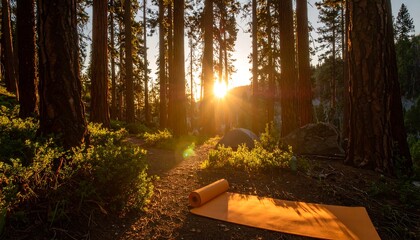 Yoga Mat in Forest at Sunset for Outdoor Meditation and Fitness